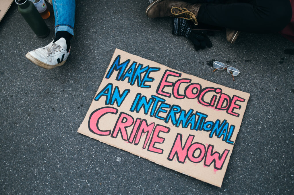 "Make Ecocide An International Crime Now" sign on the tarmac at a rally against climate change"
Taken on March 19, 2021 in Austria