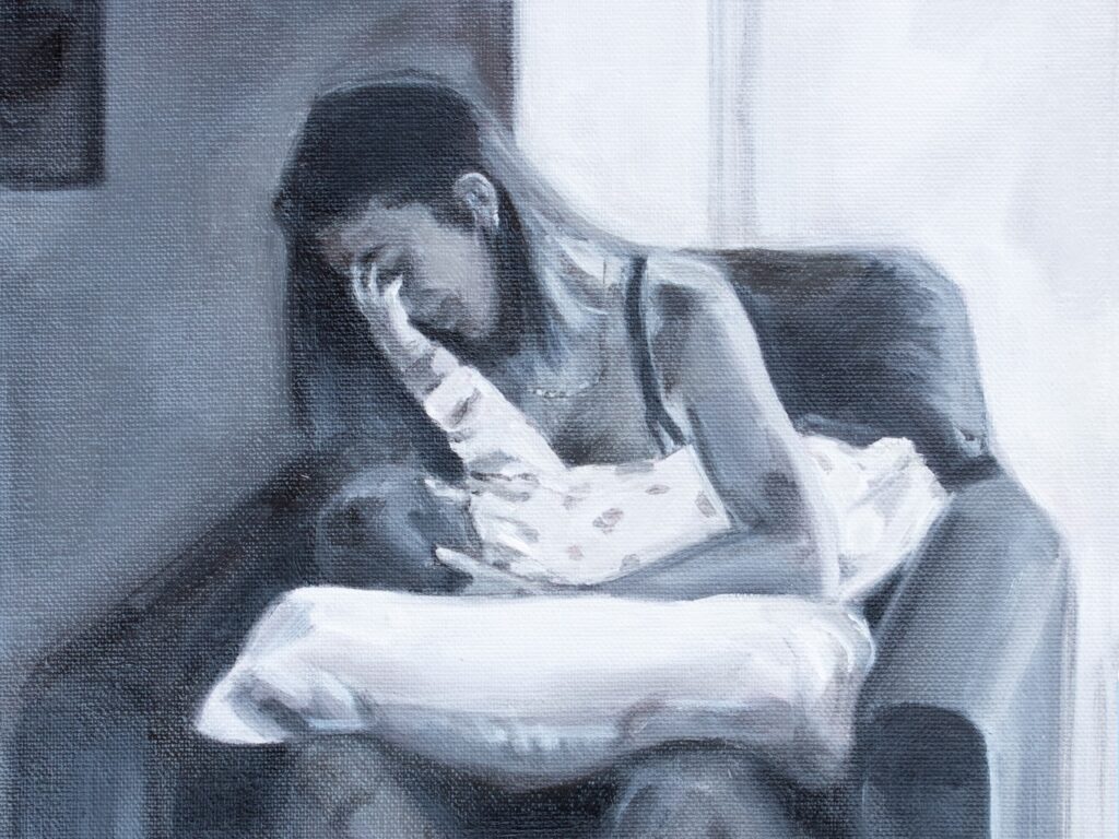 Grayscale hand-painted image of a mother holing a baby, whose hand is over the mother's face